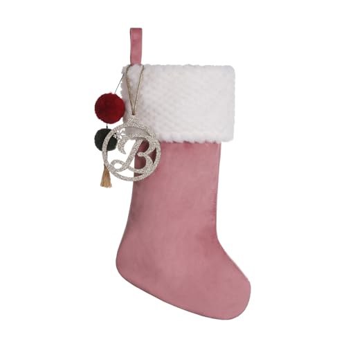 Pxniy Personalized Pink Velvet Christmas Stocking, Gold Wooden Initial