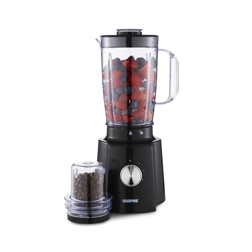 GEEPAS 2-in-1 Food Jug Blender | 1.6L Juice Jar 100G Mini Coffee Spice Grinder 4-Leaf Stainless-Steel Blades 3 Speed & Pulse Safety Lock | Smoothie Maker for Ice Crushing | 2 Year Warranty 650W Black