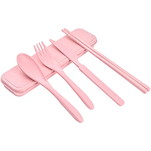 Ensemble d'ustensiles de voyage avec étui Cuillères réutilisables Couteaux Fourchettes Baguettes Couverts en plastique portables pour pique-nique de voyage en camping (Rose)