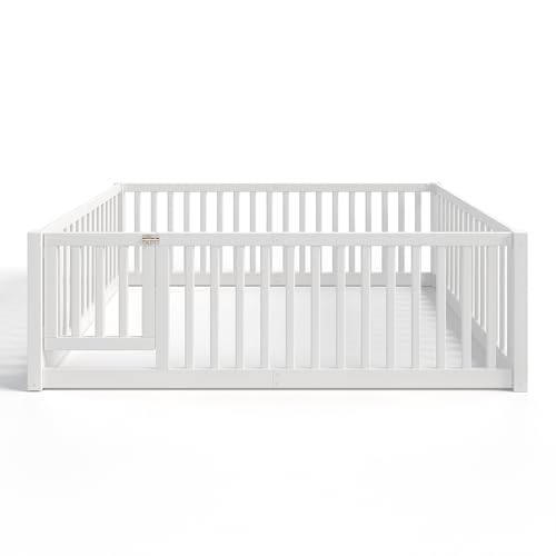 Image of Bellemave Full Size Kids Montessori Floor Bed with Door,Solid Wood Floor Bed Frame with High Fence for Girls,Boys,White