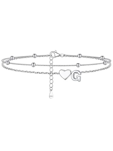 Image of PROSILVER Ankle Bracelets for Women S925 Sterling Silver Anklets for Women Waterproof, Dainty Layered Heart Anklet, Beach Initial Anklet for Summer, Letter A-Z