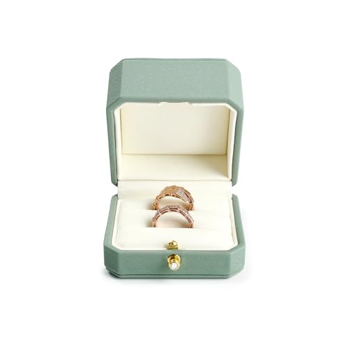 2Slots Leather Ring Box Jewelry Gift Box Mirofiber Interior Wedding Ring Case for Birthday, Proposal, Engagement, Wedding, Valentine's Day (Green)