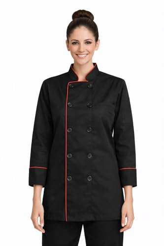 Image of Women Chef Coat for Hotel Restaurant & Kitchen Staff | White Chef Uniform with Black Piping | Professional Chef Jacket for Women