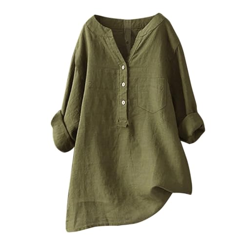 Blusen Tuniken für Damen Leinen Langarmshirt Casual V Ausschnitt Oberteile Große Größen Tops Elegante Tunika Longbluse,Grün,XXL