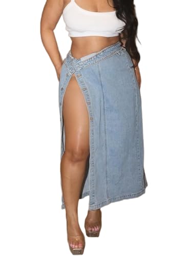 Women Summer Asymmetrical High Waisted Elastic Frayed Jean Skirt Irregular High Split Ripped Cargo Maxi Denim Skirt