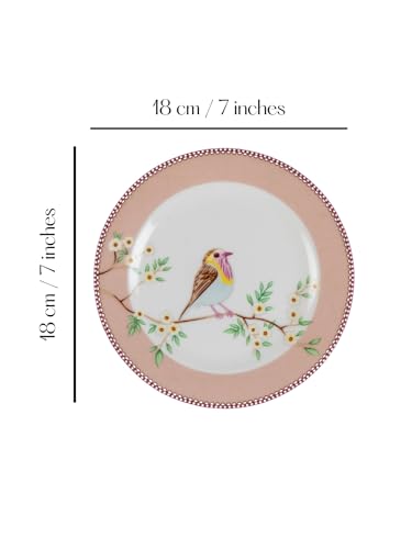 Image of GOLDEN QUEEN'S Snack Plates Set of 4 | Perfect for Snacks, Desserts, Appetizers, Salads, Tapas, Cheese | 7 inches Wide | Microwave Safe (Birdie in Pink)