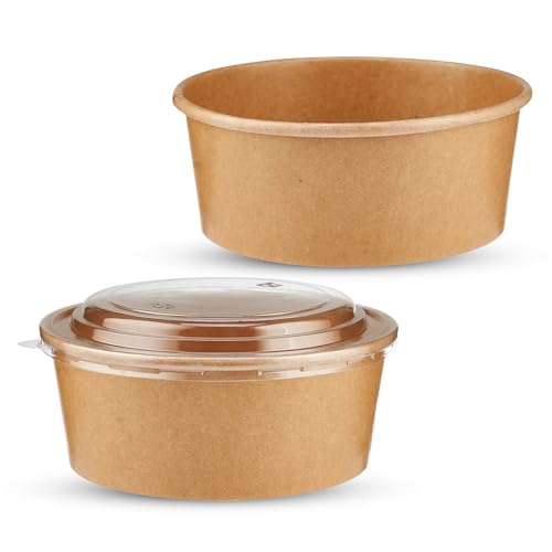 CHEF ROYALE 10x 750ml Kraft Salad Paper Bowls with Lids - Takeaway Containers for Hot/Cold Food - Leakproof Soup Containers - Carboard Packaging Bowls