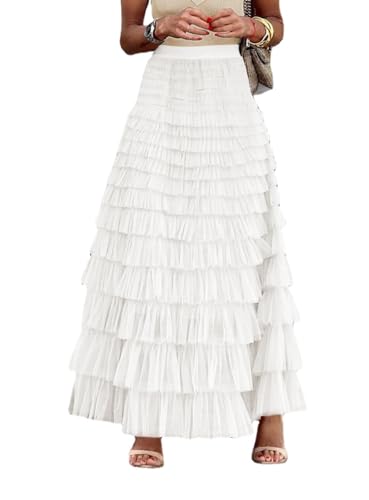 Comfy Stylish Women's Tiered Tulle Maxi Skirt - Sheer Mesh Aline Flared Elastic Waist Long Skirt - Party Wear