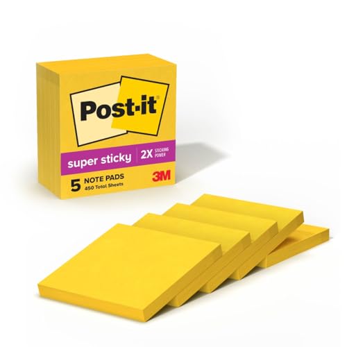 Post-it Super Sticky Notes, 5 Sticky Note Pads, 3 x 3 in., School Supplies, Office Products, Sticky Notes for Vertical Surfaces, Monitors, Walls and Windows, Sunnyside Yellow