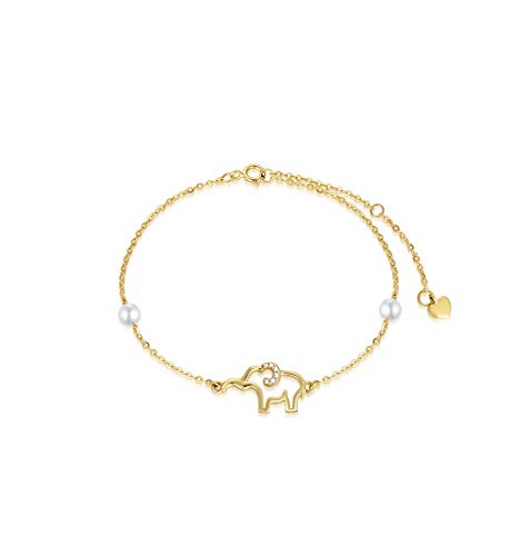 Image of SISGEM 10k Gold Diamond Elephant Bracelet for Women, Real Gold Pearl Lucky Jewelry Bracelets Present for Her, 6.4 inch+1 inch+1 inch