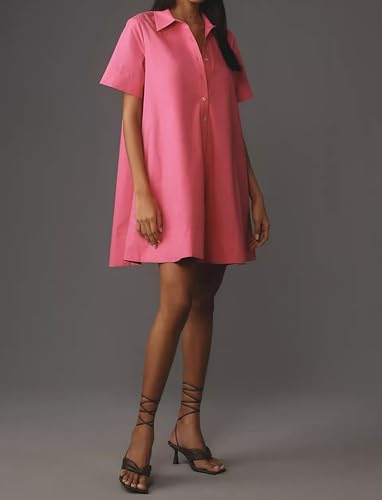 Image of Dsewpaur Short Sleeve Swing Tunic Mini Dress for Women Button Up Shirt Blouse Short Dress Summer Casual Flowy A Line Dress