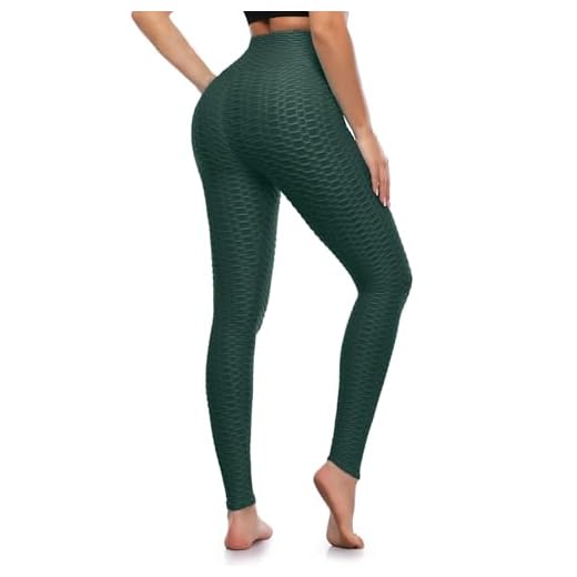 A-Wintage Leggings femininas justas para levantar o bumbum elástico cintura alta para ioga texturizadas, Verde escuro, P