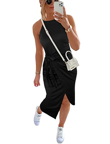 Image of NOLLSOM Women Casual Sleeveless Striped Tank Midi Dresses Halter Neck Ruched Bodycon Dresses Tie Waist T Shirt Summer Dress