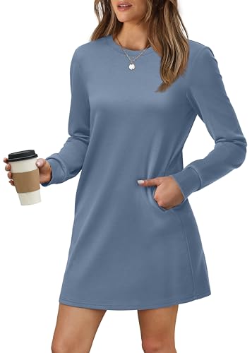 Image of WIHOLL Casual Dresses for Women Long Sleeve Fall Winter Mini Dress with Pockets Fashion Back to School Dresses Loose Fit Blue L