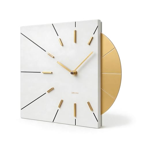 Image of Driini White and Gold Mid Century Modern Wall Clock, Battery Operated | Square MCM face with a minimalist midcentury look. Contemporary decorative analog design for kitchen, office or living room