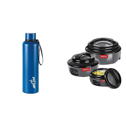 Image of Milton Aura 1000 Thermosteel Bottle, 1.05 Litre, Dark Blue & Milton Ernesto Inner Stainless Steel Jr. Casserole Set of 3 (420 ml, 850 ml, 1.43 litres), Grey | Easy to Carry | Serving | Stackable