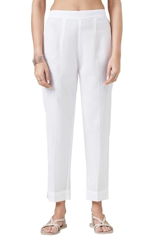 Image of Rangmanch by Pantaloons Women's Cotton Linen Bottoms | Slim Tapered Fit | Mid Rise Waist | Ankle Length