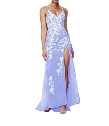 Image of Long Spaghetti Straps Tulle Mermiad Prom Dress V Neck Lace Appliques Formal Dress with Slit SF203