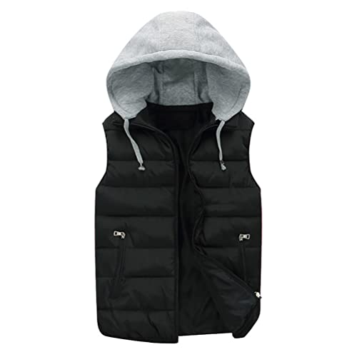 ORANDESIGNE Homme Veste sans Manches Doudoune Matelassé Couleur Légère Gilet à Capuche Manteaux épais en Hiver A Noir XXL