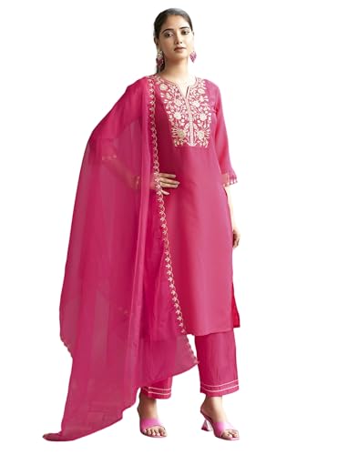 Image of SKYLEE Silk Blend Embroidery Straight Kurta Set with Dupatta