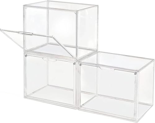 GUDEMAY Transparente stapelbare Kunststoffboxen mit magnetischem Verschluss - Staubdichte Aufbewahrung Vitrine Schaukasten Ideal für Figur, Bücher, Kosmetik, Schuhe und Handtaschen (3er Set)