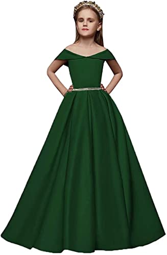CSYPJYT Off The Shoulder Pageant Dresses Long Satin Flower Girl Dresses Princess Birthday Party Ball Gowns with Pockets