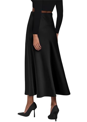 Image of KIRUNDO Women's Satin Maxi Skirt 2026 Summer Fall Trendy High Waisted Wedding Cocktail Party Work Silk A-Line Formal Skirts