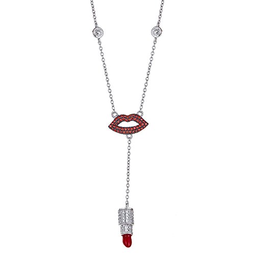 Joy and Rachel Platinum Plated 925 Sterling Silver Round Red CZ Red Enamel Kiss Lip Stick Long Lariat Y Shaped Necklace