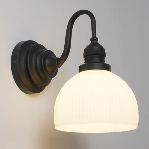 Image of Black Wall Sconce Vintage Milk Glass Bathroom Vanity Light | Bathroom Light Fixtures,Matte Black,Thick Half-Round Glass Shade,Hardwired Only,E26 Base,for Bathroom Mirror Hallway