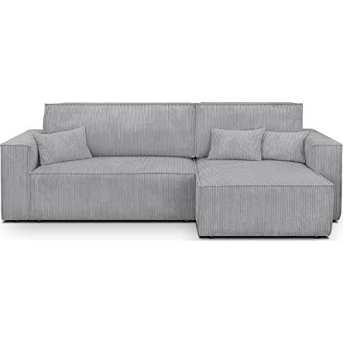 HOMIFAB Canapé d'angle Convertible réversible 4 Places avec Coffre de Rangement en Velours côtelé Gris Clair - Livia