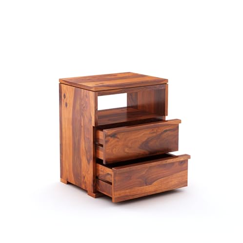 Image of Sheesham Wood Bedside End Table with 2 Drawers and Open Shelf Storage for Bedroom Living Room Wooden Furniture Side Table for Hotel Room Office -(Honey Finish)