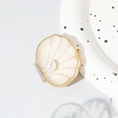 Image of Enamel Shell Pearl CZ Brooch Pin for Women Gold-Toned Chic Clear Crystal Ocean Seashell Texture Conch Sectored Rhinestone Brooches Lapel Pins Dress Accessories Fashion Holiday Beach Party Jewelry