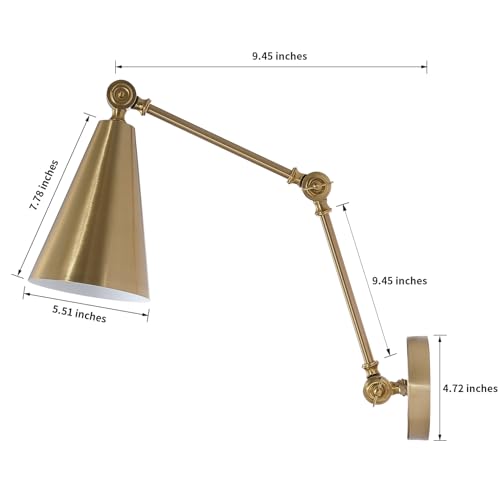 Image of MWZ Gold Battery Operated Swing Arm Wall Sconces Set of 2,Wireless Rechargeable Dimmable 3 Color Wall Light with Remote,Cone Indoor Light Fixture for Bedside,Kitchen,Hallway,Living Room,Reading