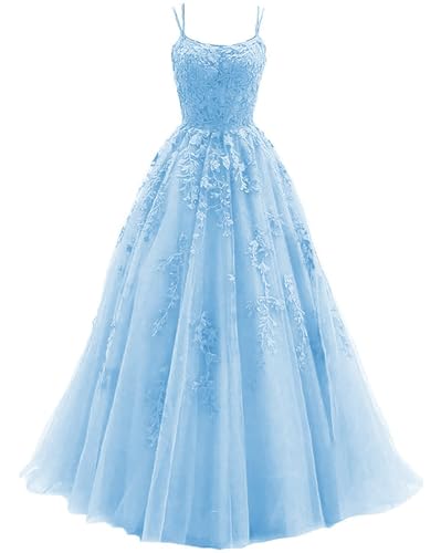 Women's Lace Appliques Prom Dresses Long Spaghetti Strap Ball Gowns Tulle Formal Dress for Party