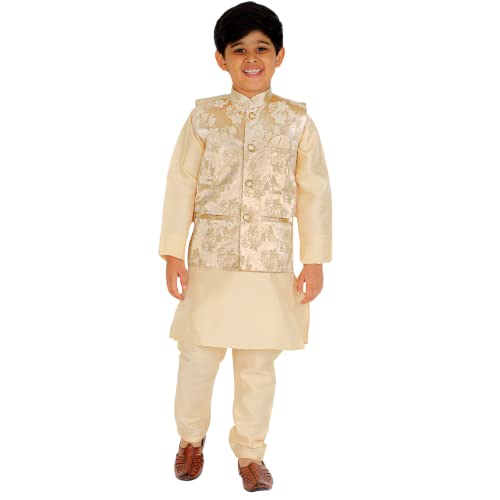 Image of Pro-Ethic Style Developer Kurta Pajama For Kids Boys With Waistcoat | Silk | Floral | Traditional Dress (S-209)