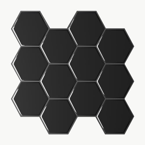VEELIKE Credence Adhesive pour Cuisine Noir Brillant Hexagone 3D Carrelage Adhesif Mural Salle de Bain 6 Pièces Stickers Carrelage Blanchisserie Toilette...