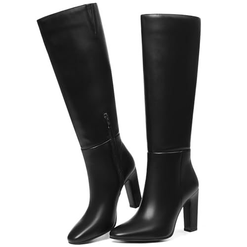 Womens Knee High Boots Round Toe Tall Boots Block High Heel Boots Side Zipper Long Boots Comfortable Fashion Dress Boot