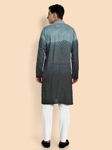 Image of Vardha Men's Cotton Chikankari Embroidered Kurta with Full Sleeves and Knee Length Design and Elegant Sequence Work | Kurta for Men