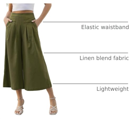 Image of Gihuo Culottes for Women Linen Wide Leg Gauchos Capri Palazzo Pants | Cotton Linen Pants,Flowy Pants,Women's Culottes,Cropped Pants,Elastic Waist Trousers with Pockets