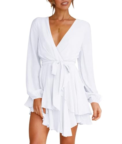 Wenrine Damen Kleider Sexy Tiefer V-Ausschnitt Freizeitkleid A Linie Rüschen Minikleid Langarm Wickelkleid mit Gürtel, Weiß, S