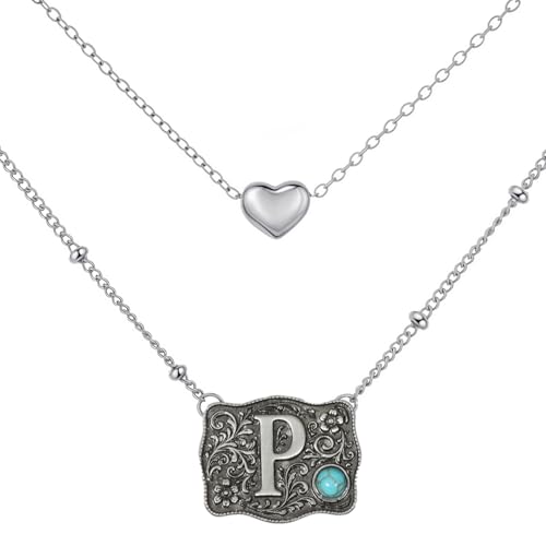 Image of Belt Buckle Bracelet Initial Letter A-Z Bracelets Western Cow Tag Bracelet Belt Buckle Necklace Western Style Initial Letter Pendant Necklace