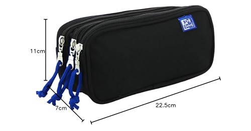 Oxford, Estuche Escolar 3 Compartimentos, Goma Elástica, 3 Cremalleras, Color Negro