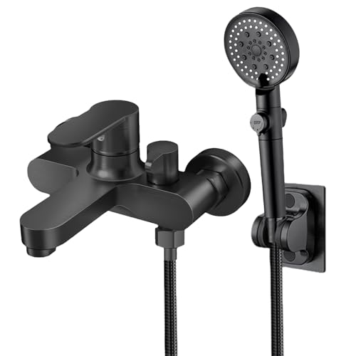 Grifo para bañera con alcachofa de mano, grifo mezclador para bañera con ducha, grifo de pared con alcachofa de ducha, 3 funciones, montaje en pared, 150 mm (negro)