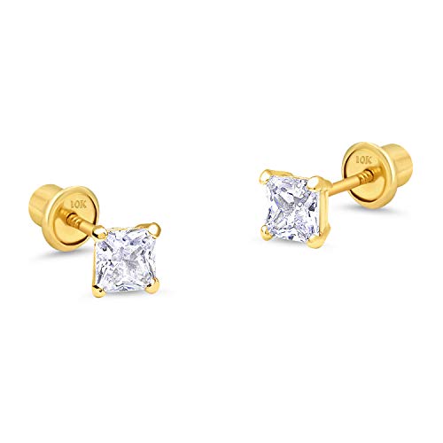10k Yellow Gold Baket Princess Cut CZ Cubic Zirconia Children Screwback Baby Girls Earrings