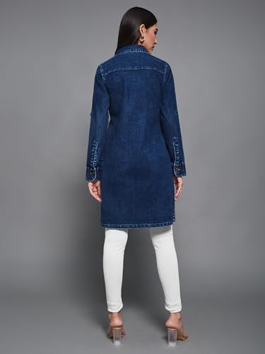 Image of Miss Chase Women's Polo Neck Full Sleeves Patch Pocket Denim Overcoat Knee-Length Jacket