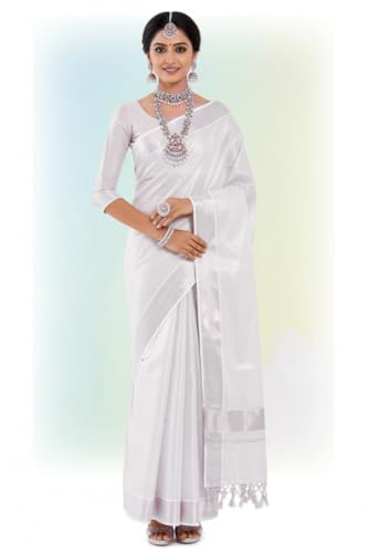 Image of Women's Kerala Tissue Plain Saree with Running Blouse| Onam & Vishu Kani Special | Traditional Kasavu White Colour