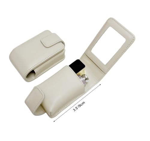 AgentMoon Luxury Handheld Lipstick Pouch with Mirror,Genuine Leather Lip Balm Case with Clamshell Magnetic Hidden Clasp,Exquisite Travel Makeup Lipstick Case. 4.1x2.3x1.8 inches (Off-white)3