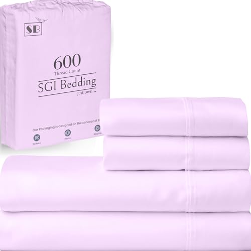 Image of SGI bedding California King Bed Sheets Set - Premium 600 TC Egyptian Cotton, Crisp & Cooling Sateen Weave, Extra Soft Hotel Collection, Fits Mattresses Up to 16 Inch Deep, Long Lasting - Lilac