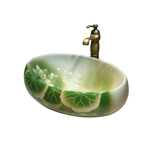 Cubeta de lavabo Lavabo cuadrado ovalado de cerámica, lavabo loto, baño antiguo pintado a mano, for encimera con accesorios Mueble de baño