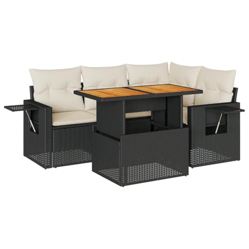 vidaXL Garden Sofa Set with Adjustable Table - Modular Outdoor Couch with Cushions & Storage, Poly Rattan 5-Piece Black/Cream for Patio, Terrace & Backyard